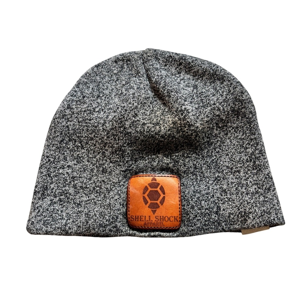 Shell Shock Apparel‎ Gray Marl Beanie Faux Leather Patch OSFM Knit Hat
